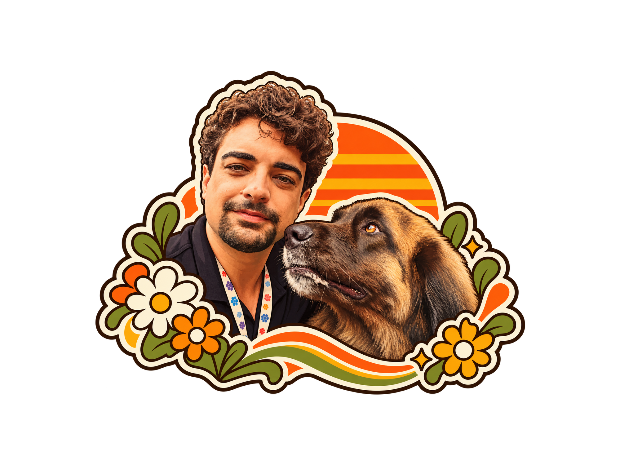 Patrick with a dog in a Barks & Recreation illustrated sticker portrait.