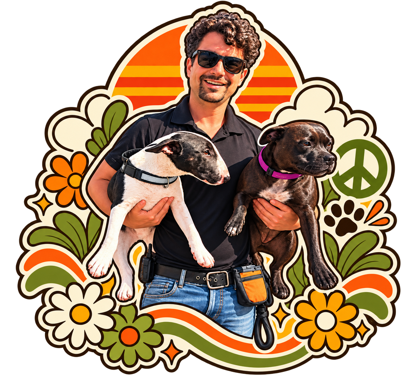 Patrick holding two dogs in a Barks & Recreation illustrated sticker portrait.